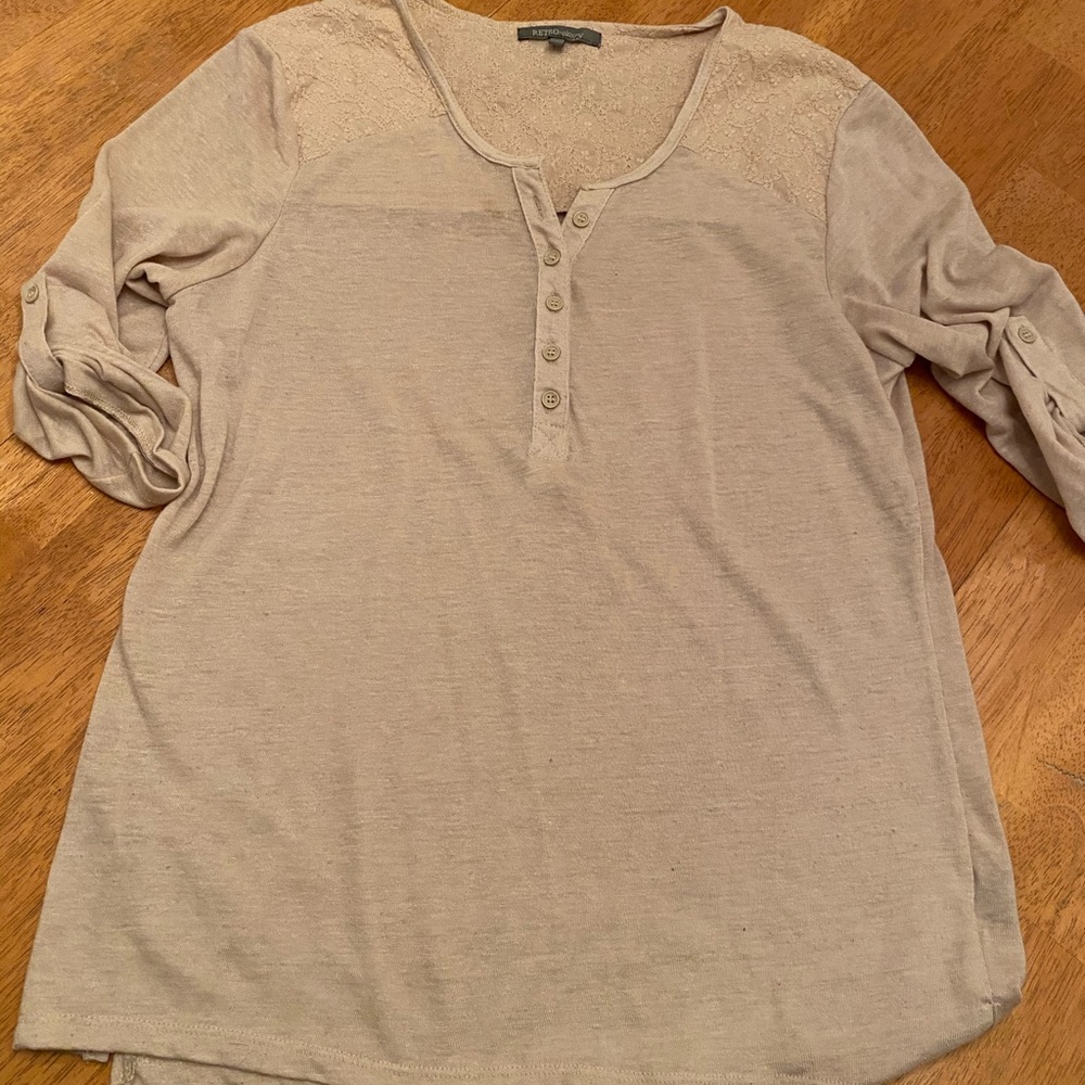 Retro-ology tan/ cream 3/4 length sleeve top sz S
